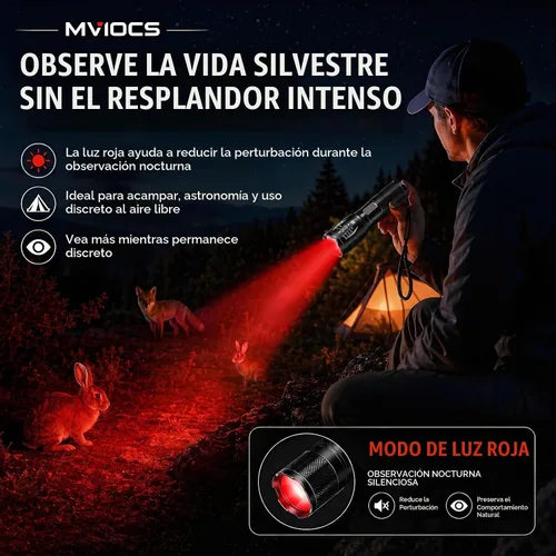 Vista 4 de Linterna recargable roja 4 en 1, linterna LED multicolor (blanco/rojo/azul/verde) con 4 modos, linterna con zoom de alto lúmenes para camping