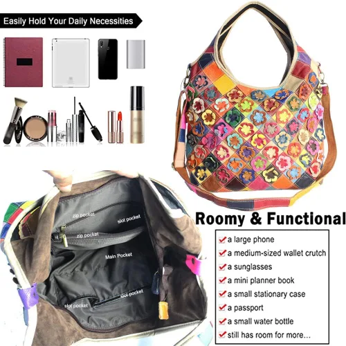 Vista 4 de Bolsos de cuero genuino para mujer, bolso de hombro de diseñador 3D floral hobo bolsas de mano bolso bandolera