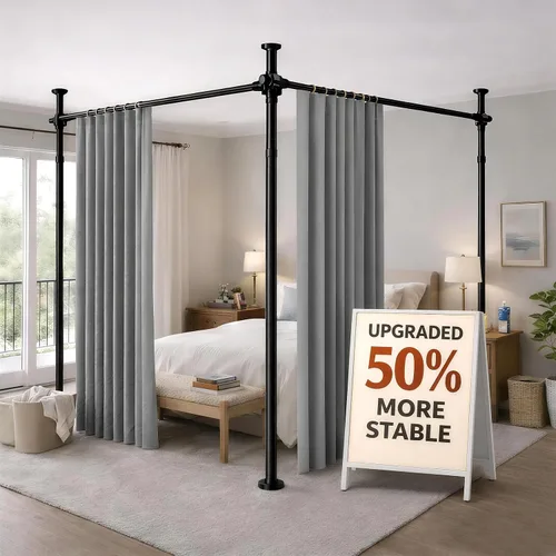 Vista 13 de Juego de cortinas divisoras de habitación, sin taladro, con barra retráctil, sin herramientas, para dormitorio, color beige, 100 pulgadas de ancho x
