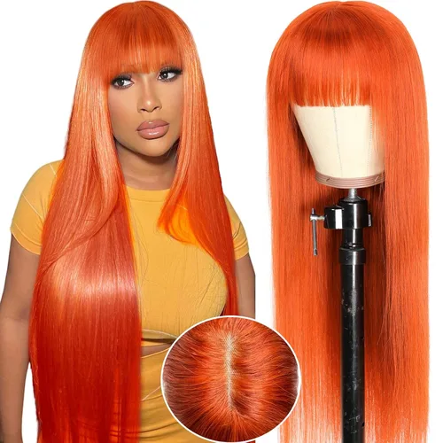 Vista 18 de Straight Human Hair Wigs with Bangs 180% Density 2x4 Lace Front Wigs with Bangs Closure Wear and Go Glueless Wigs 100% Brazilian Virgin Human Hair