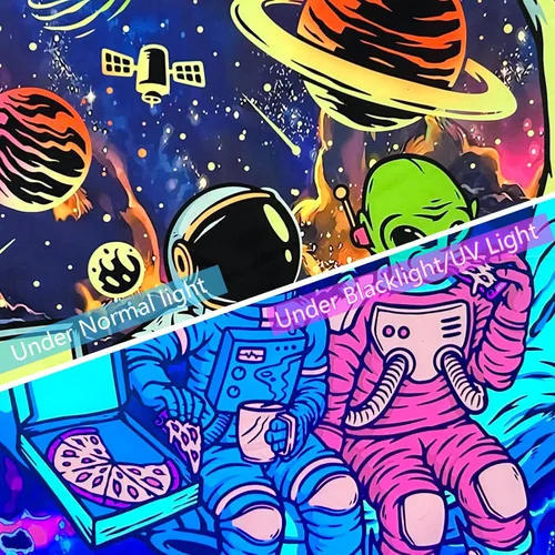 Vista 4 de Tapiz de luz negra de astronauta para hombres, póster de alienígena con luz negra para adolescentes y niños, divertido tapiz de pared de galaxia