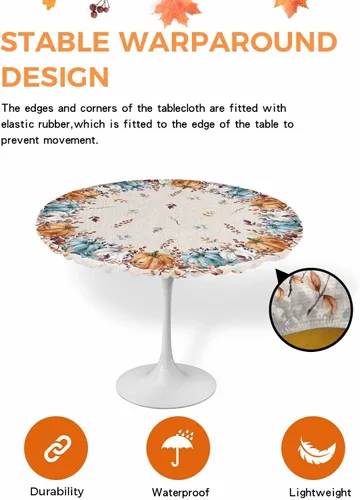 Vista 3 de Mantel ajustado para mesa redonda, mantel de otoño con hojas de otoño y calabaza de Acción de Gracias con borde elástico, mantel impermeable de Beige
