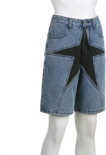 Vista 5 de Pantalones cortos de mezclilla de cintura alta para mujer, Y2K Grunge Patchwork Stars Baggy Straight Leg Jean Shorts Hip Hop Goth Streetwear