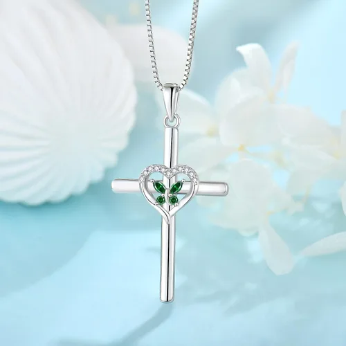 Vista 5 de Inpasne Collar de cruz de mariposa para mujer, plata de ley 925, con colgante de crucifijo, collar de piedra natal, joyería de regalo para mujeres