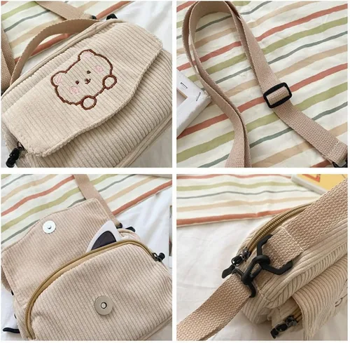 Vista 5 de Lindas bolsas kawaii, carteras estéticas, pequeñas de pana cruzada con llaveros de oso, regalo kawaii para mujeres, adolescentes y niñas