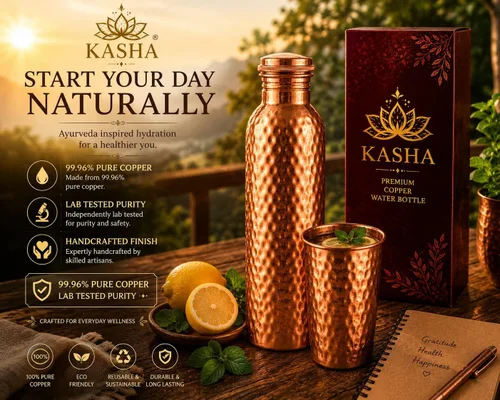 Vista 6 de KASHA Ayurvedic - Botella de agua de cobre puro 99.96% para agua potable, probada en laboratorio, 32 onzas, botella de agua de cobre puro a prueba