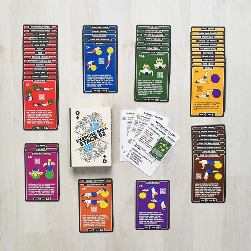 Vista 4 de Stack 52 - Tarjetas de ejercicio, diseño de bola Juego de cartas de entrenamiento con bola suiza. Instrucciones de vídeo incluidas. Programa