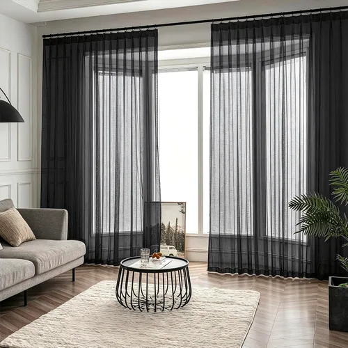 Vista 39 de Cortinas plisadas negras traslúcidas de 84 pulgadas de largo, 2 paneles para dormitorio, lino texturizado, ganchos transparentes para pista