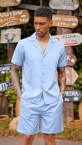 Vista 3 de COOFANDY Conjunto corto de 2 piezas para hombre, camisa con botones Guayabera, casual, trajes de playa de verano