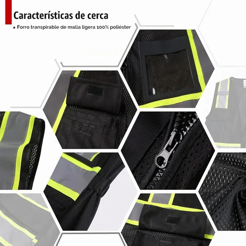 Vista 3 de Chaleco de seguridad para mujer, chaleco de alta visibilidad con 8 bolsillos y cremallera frontal, chaleco reflectante de malla que cumple