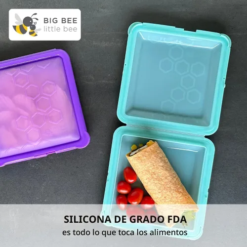 Vista 2 de Big Bee, Little Bee - SoftShell Contenedor de silicona reutilizable para almacenamiento de alimentos con tapa de concha conectada, fácil de limpiar