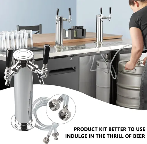 Vista 5 de PERA Torre de cerveza de doble grifo, dispensador de barril de cerveza de acero inoxidable de 3 pulgadas de diámetro con llave y línea de cerveza