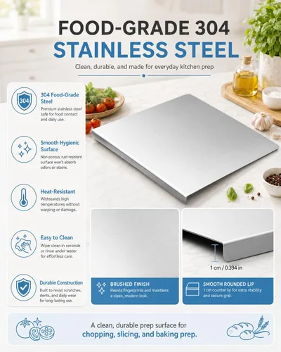 Vista 7 de Tabla de cortar de acero inoxidable con labio, tablas de cortar de acero inoxidable para cocina, tablas de cortar de acero inoxidable 304 con borde