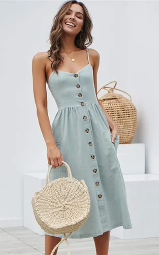Vista 46 de Angashion - Vestido floral de verano estilo bohemio para mujer, con botones, bolsillos y tiras ajustables