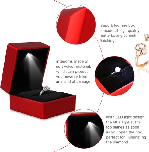 Vista 4 de iSuperb 2 cajas de anillo LED iluminadas para propuestas, compromisos, bodas, regalos (2 unidades, rojo)