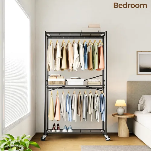 Vista 9 de HYSEYY Rolling Clothes Rack Heavy Duty Clothing Rack for Hanging Clothes Freestanding Garment Rack with Shelves & Wheels, Sturdy Portable Wardrobe