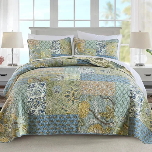 Vista 8 de NEWLAKE Juego de colchas tamaño queen, conjunto de colcha de algodón con diseño de retazos en colores azul y negro con patrones a cuadros, colcha