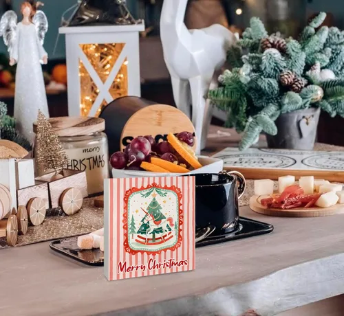 Vista 5 de KEUSPI Cartel de madera rústica rosa con texto en inglés "Merry Christmas", decoración de escritorio de Navidad preparada, árbol de Navidad, caballo