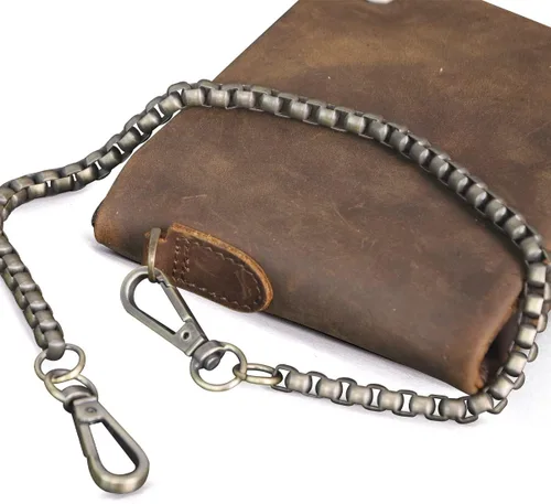 Vista 4 de Le'aokuu Cartera de piel auténtica para hombre 1003 con cadena a presión horizontal estándar (marrón)