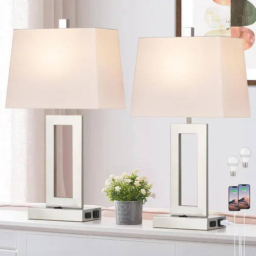 Vista 11 de Cinkeda Juego de 2 lámparas de mesa con puertos USB C+A y salida de CA, lámparas de noche, lámparas modernas para dormitorio, lámparas negras