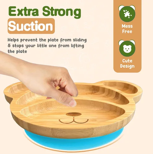 Vista 2 de Platos de bambú para niños - Platos para bebés y niños pequeños con succión para alimentación y destete, diseño de oso ecológico que promueve