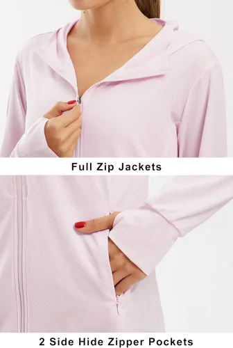 Vista 4 de Libin sudadera con capucha para mujer, con cremallera completa, UPF 50+, capucha con protección solar, de manga larga, para senderismo