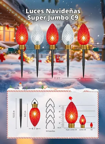 Vista 2 de Brigtown Strawberry Super Jumbo C9 Luces de camino de Navidad para exteriores, 11 pies Super Jumbo Rojo y Blanco Puro