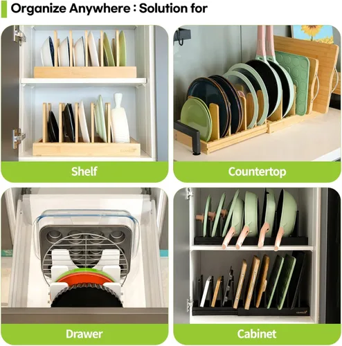 Vista 3 de Organizador de bambú expandible para utensilios de hornear y tabla de cortar, estante ajustable para tapas de ollas, bandeja para galletas y bandeja