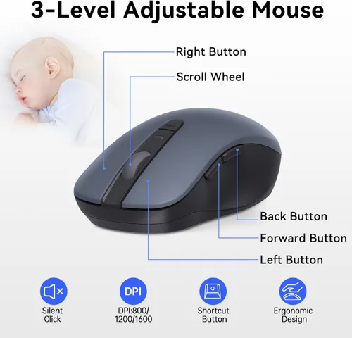 Vista 6 de AUSDOM Combo de teclado y mouse inalámbricos: 98 teclas, teclado silencioso de computadora de 2.4 G y mouse silencioso ajustable de 3 DPI, teclado