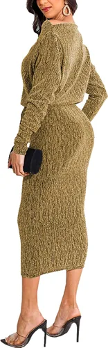 Vista 2 de Vestido sexy para mujer, brillante, básico, de manga larga, entallado, con lentejuelas, club, noche, fiesta, vestido midi