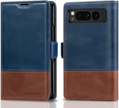 Vista 10 de KEZiHOME Funda para Google Pixel Fold, cuero genuino [bloqueo RFID] Funda tipo cartera con ranuras para tarjetas, función atril y tapa protectora