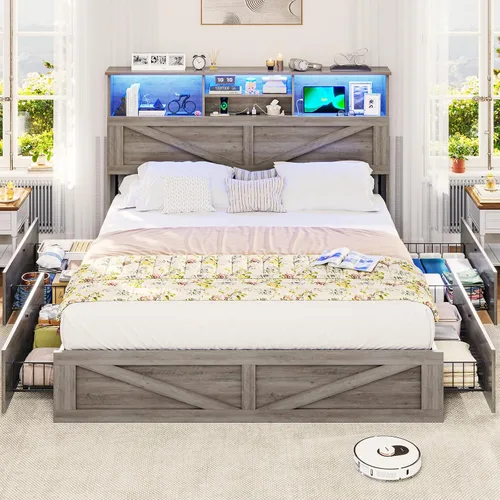 Vista 7 de VIAGDO Bastidor de cama estilo granja tamaño completo con cabecero de almacenamiento tipo librero, estación de carga y luces LED, bastidor de cama