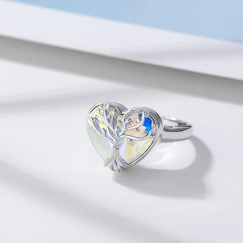 Vista 2 de AOBOCO Anillo de cremación de corazón de plata de ley 925 con diseño de árbol de la vida que sostiene las cenizas de un ser querido, anillo de urna