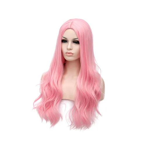 Vista 3 de Winshope Peluca larga rosa para niñas y mujeres, ondulada, rizada, para disfraz, cosplay, resistente al calor