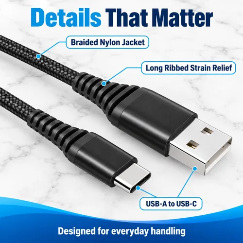 Vista 4 de Paquete de 5 cables USB tipo C [6 pies Carga rápida 3A trenzados] - Cable de carga USB-A a USB-C, compatible con iPhone 17 16 15 Plus Pro Max