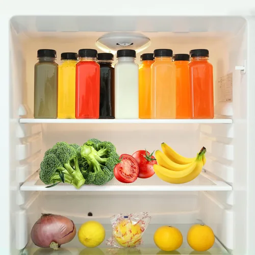Vista 5 de MANSHU Botellas de jugo de plástico de 10 onzas, recipientes reutilizables para bebidas a granel, con tapas negras a prueba de manipulaciones