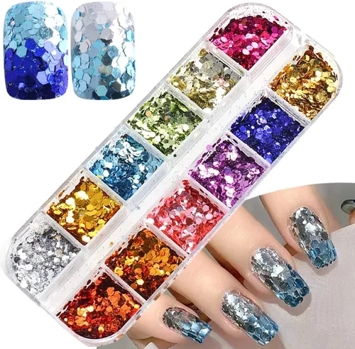 Vista 14 de Lentejas de purpurina camaleón para uñas, lentejuelas de arte de uñas holográficas 3D con gradiente láser, polvo de purpurina brillante en gel UV