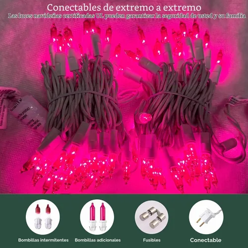 Vista 4 de Luces de Navidad, 100 unidades, luces de cadena rosadas para árbol de Navidad con cable blanco para decoración de Navidad al aire libre e