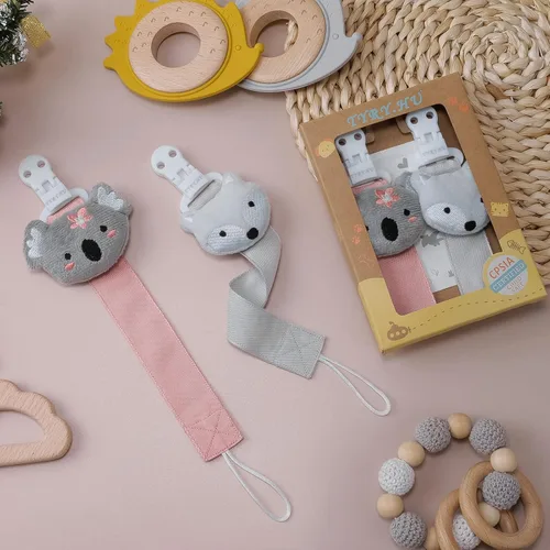 Vista 7 de TYRY.HU Clip para chupete para niñas bebés, paquete de 2 clips neutros para sujetar chupetes para niños, correas suaves, clips de peluche para todos