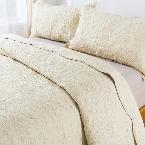 Vista 4 de HoneiLife - Juego de colcha de tamaño Queen, juego de ropa de cama bordada de microfibra de 3 piezas, colcha reversible, ligera, patrón de estampado