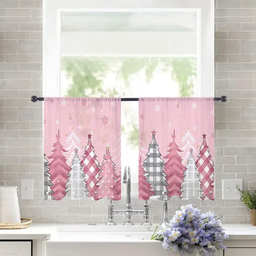 Vista 2 de Cortinas semitraslúcidas para árbol de Navidad, 45 pulgadas de longitud para sala de estar, cortinas de ventana de copo de nieve de invierno