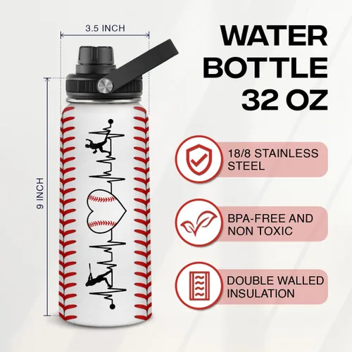 Vista 2 de Botella de agua de béisbol de 32 onzas con aislamiento de acero inoxidable para hombres, mujeres, amantes de los deportes, regalos de béisbol