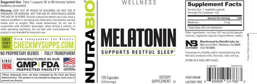 Vista 3 de NutraBio Ayuda para dormir de melatonina 3 mg, 120 cápsulas