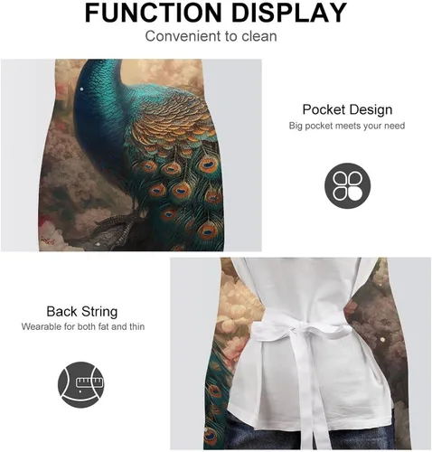 Vista 6 de MUSM Apron for Adults - 27.6 X 31.5 Inch, Heavy-Duty Polyester Aprons with Two Large Pockets, Waterproof Oriental Peacock Pattern Kitchen Apron for