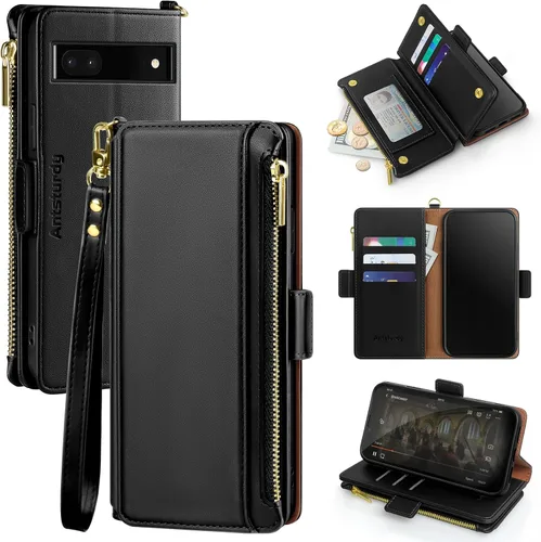 Vista 13 de Antsturdy Funda compatible con Google Pixel 6a con tarjetero para mujeres y hombres, funda de teléfono con bloqueo RFID, de piel sintética, a prueba