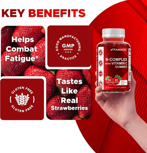 Vista 5 de Gomitas de complejo de vitamina B Vitamatic con vitamina C e inositol - Sabor natural a fresa - 60 gomitas (1 botella)