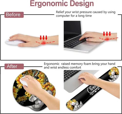 Vista 4 de Alfombrilla de mouse con soporte para muñeca, almohadilla ergonómica de gel para bebé, elefantes con girasol, juegos de escritura fáciles