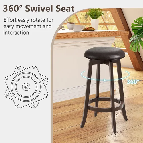 Vista 4 de COSTWAY Juego de 2 taburetes de bar giratorios de 29 pulgadas, taburetes de bar tapizados con asiento de piel sintética y patas de madera de goma