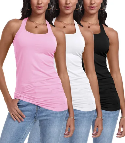 Vista 7 de Paquete de 3 camisetas sin mangas con espalda cruzada para mujer Negro+blanco+rosa