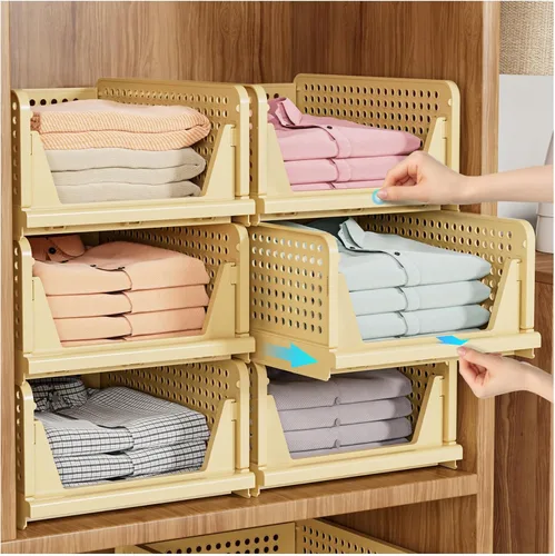 Vista 10 de SNSLXH Paquete de 5 cajas organizadoras apilables de armario, cesta de almacenamiento multifuncional y plegable para baño, cocina, lavandería
